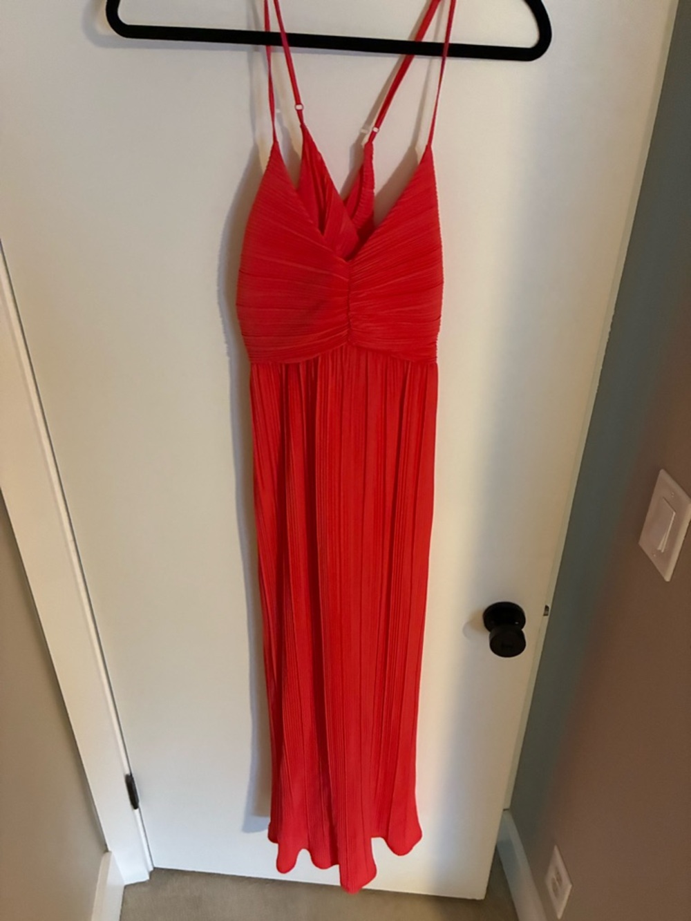 Bright Coral Pleated Strappy Maxi Dress
